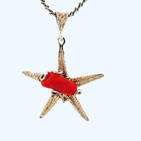 Vintage Sterling Silver 925 Chain Necklace w/ Starfish Pendant Red Coral Center - Picture 1 of 15